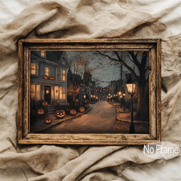 Spooky Vintage Style Wall Art Print Poster Pumpkin Street Painting Canvas Artwork Home Bedroom Halloween Farmhouse Wall Decor Unframed