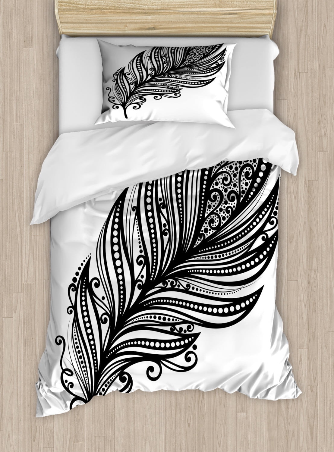 Black and White Twin Size Duvet Cover Set, Boho Leaves Hippie Lifestyle