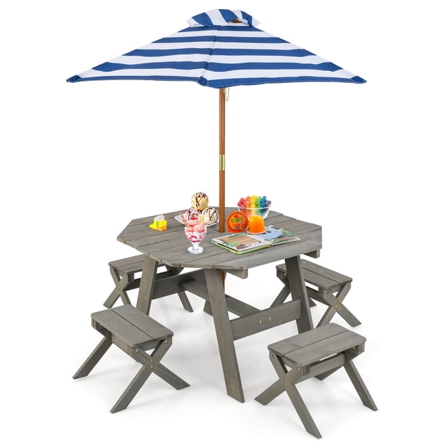 Costway Kids Wooden Table Set with Octagon Table 4 Stools & Removable Adjustable Umbrella Grey