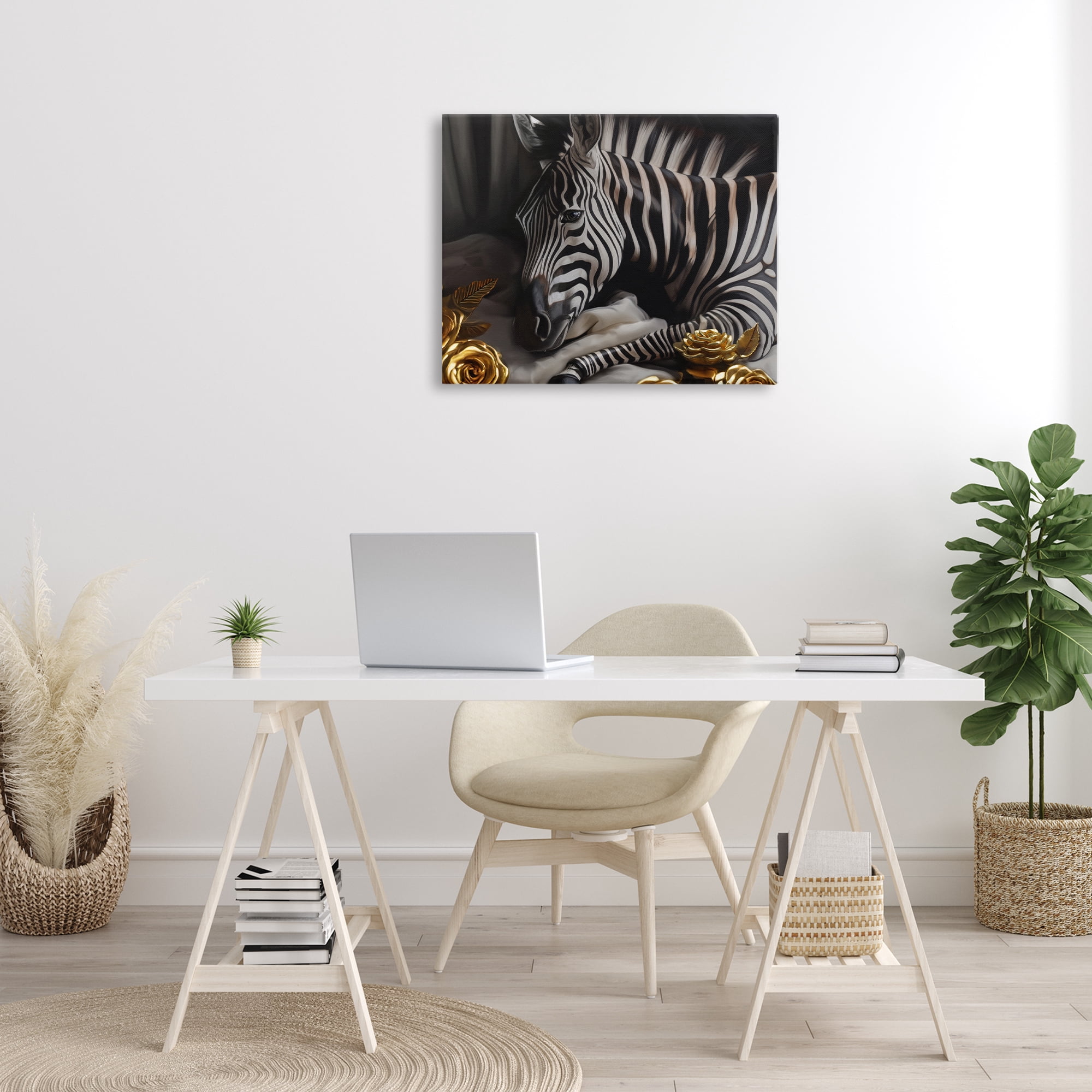 Stupell Industries Zebra with Gold Flowers Animals Painting Wrapped Canvas Art Print Wall Art, 30 x 24