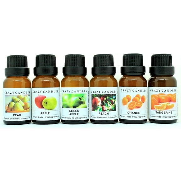 Crazy Candles 6 Bottles Set Pear, Apple, Green Apple, Peach, Orange, Tangerine 1/2 Fl Oz Each (15ml) Premium Grade Scented Fragrance Oils