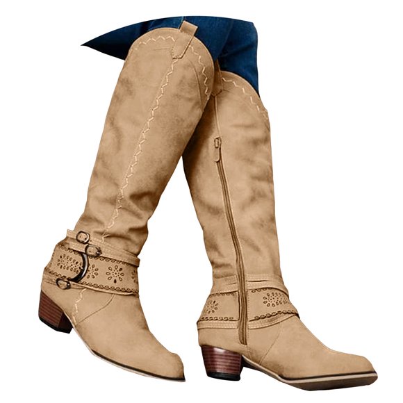 Western Cowboy Boots for Women Knee High Wide Calf Cowgirl Boots Pointed Toe Chunky Heel Pull On Tall Boot