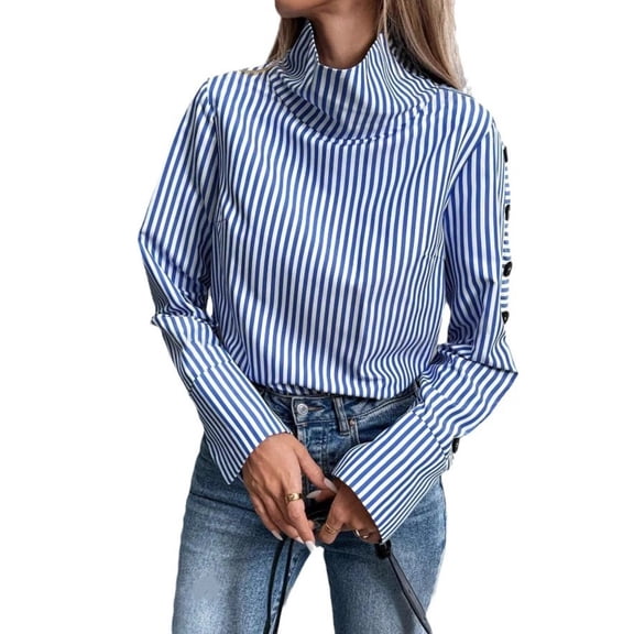 Fashionable Blue Striped Button-Down Shirt for Women, Lightweight Long-Sleeve Collared Urban Casual Top