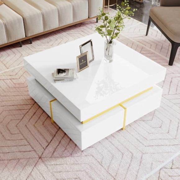 Coffee Table, High-Gloss Living Room Table, Side Table with Drawers and Gold Accents