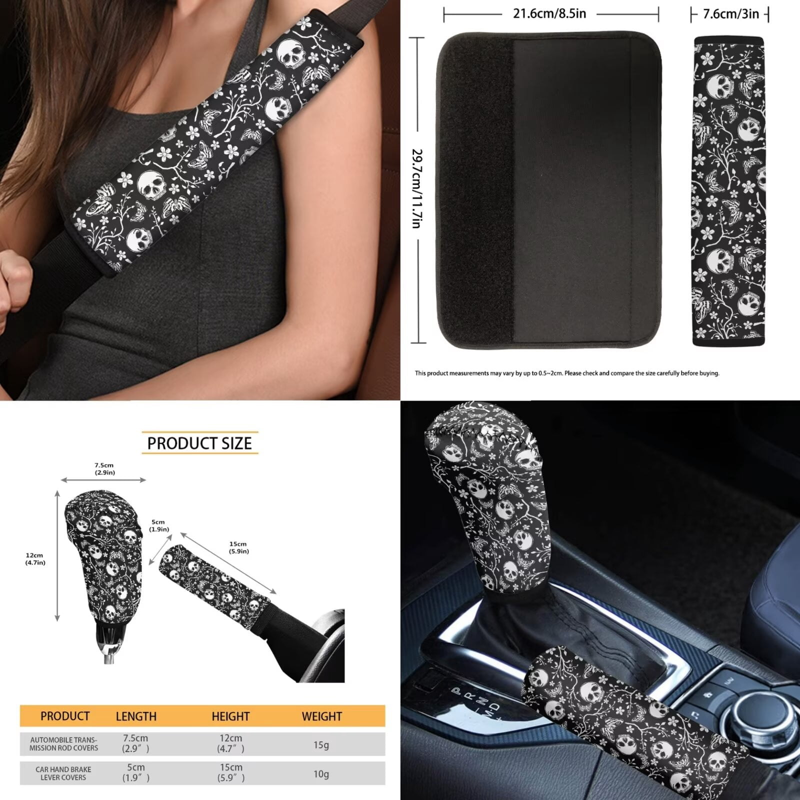 FKELYI Vintage Floral Skull Print Auto Seat Covers Full Set with Steering Wheel Cover Shoulder Seatbelt Pad Armrest Pad Cup Coasters Head Rest Protector Gear Shift Knob Sleeve for Most Sedan