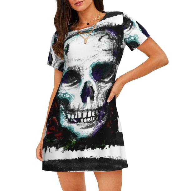 Easygdp Watercolor Skull Camisón de manga corta para mujer, informal, estampado