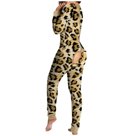 

qucoqpe Womens One Piece Onesie Sleepwear Leopard print Long Sleeve Pajamas V-Neck Button Down Butt Flap Party Clubwear Nightwear Jumpsuit Rompers