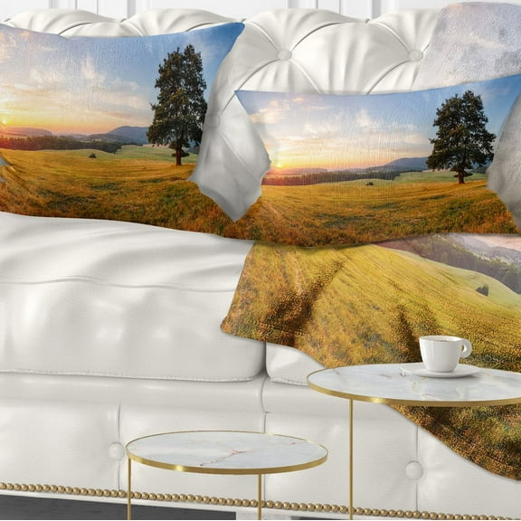 Designart Lonely Tree on Meadow at Sunset - Landscape Photography Throw Pillow - 12x20