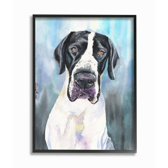 Stupell Industries Great Dane Dog Pet Animal Blue Watercolor Painting Framed Giclee Texturized Art by George Dyachenko
