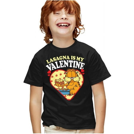 Garfield Lasagna is my Valentine Kids T Shirt for Youth Boys and Girls, Black, Large