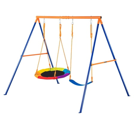 KFFKFF Swing Sets for Backyard, Swing Structure with 440lbs Weight Limit, Includes 1 Disk Swing, 1 Strap Swing, Robust A-Frame Metal Stand and Modifiable Cord, Backyard Swing Set for Children