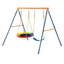 KFFKFF Swing Sets for Backyard, Swing Structure with 440lbs Weight Limit, Includes 1 Disk Swing, 1 Strap Swing, Robust A-Frame Metal Stand and Modifiable Cord, Backyard Swing Set for Children