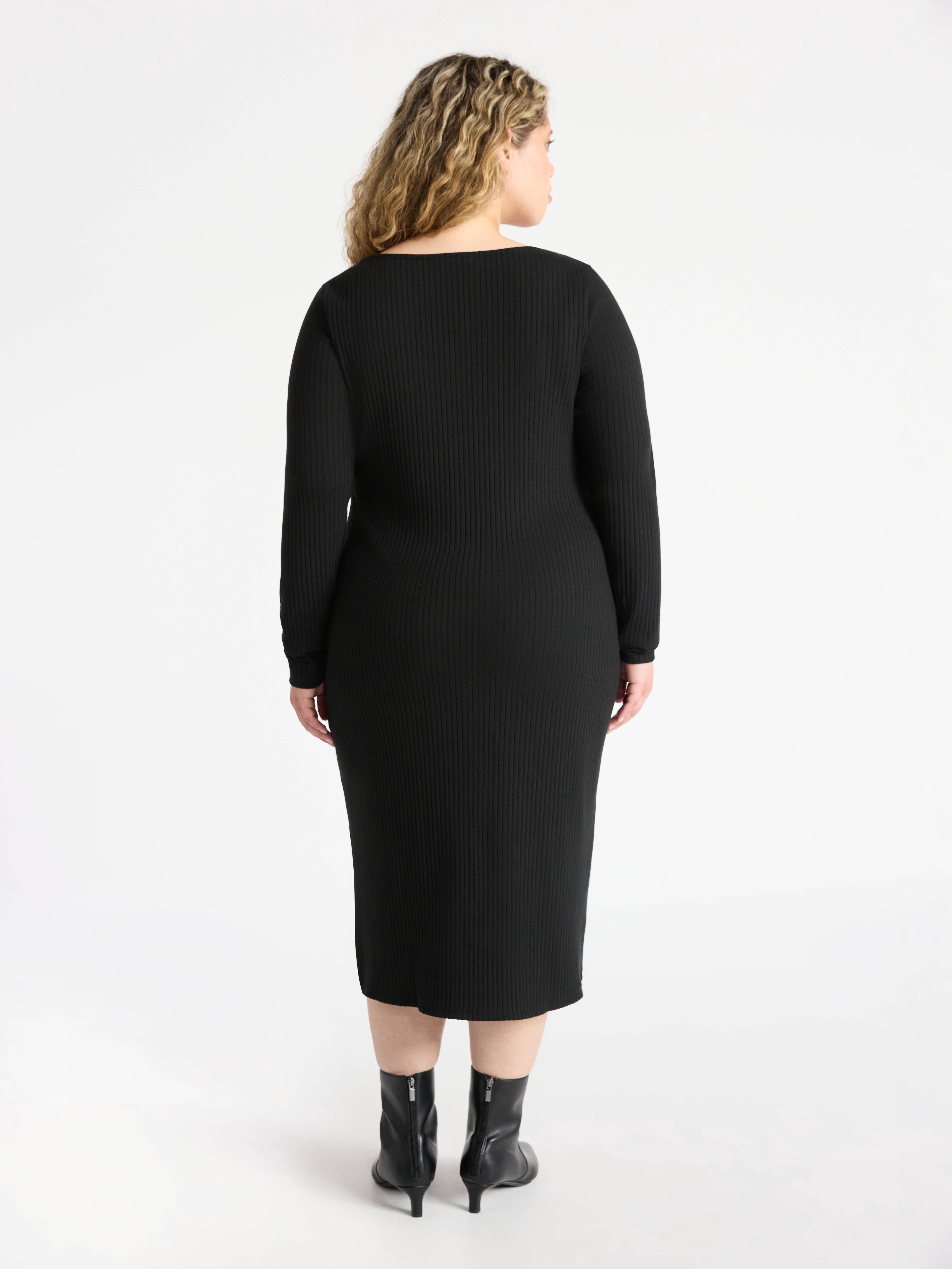 Terra & Sky Women’s Plus Ribbed Knit Midi Dress with Long Sleeves, Sizes 0X-4X