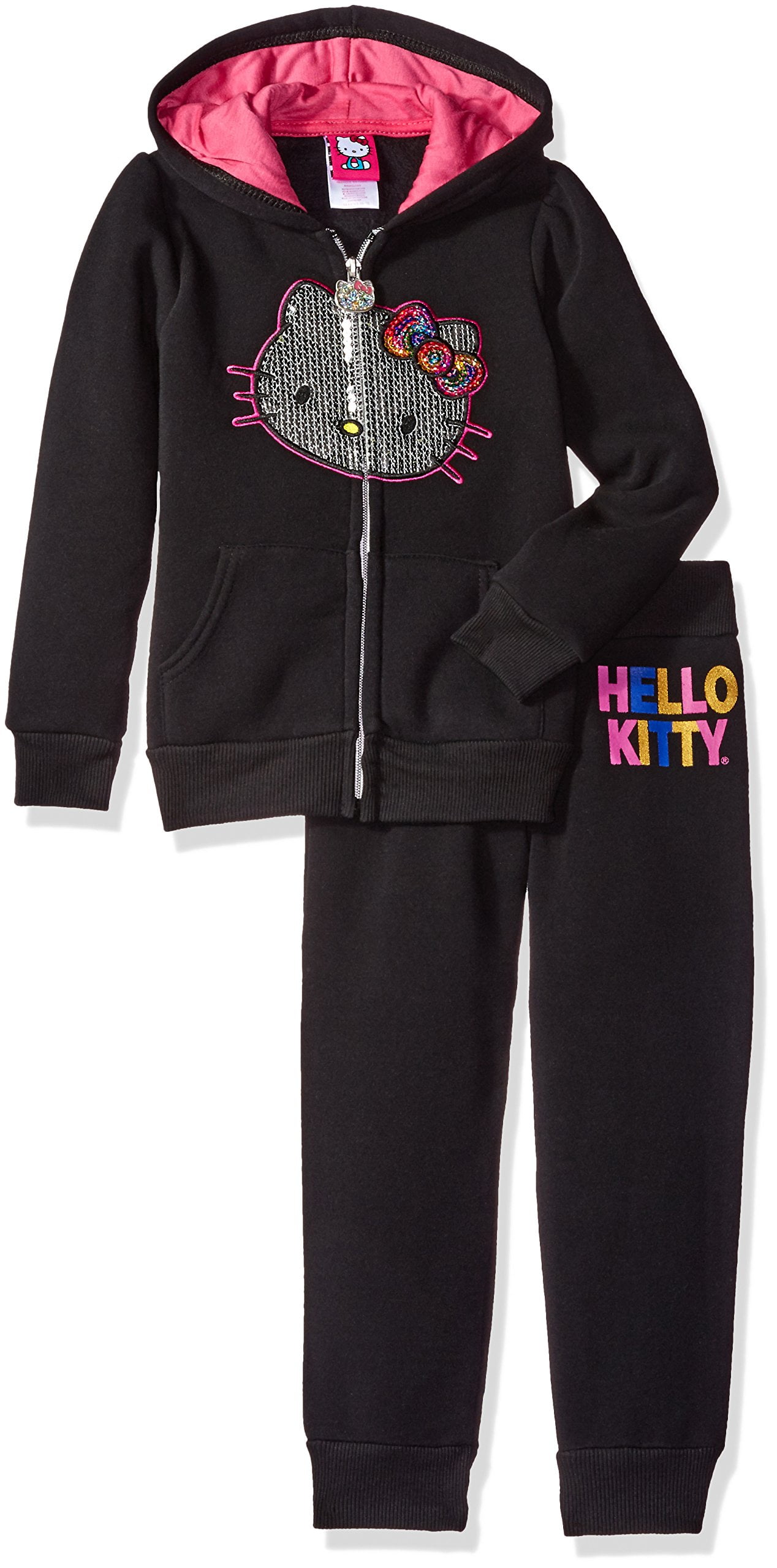 Hello Kitty Big Girls' 2 Piece Hooded Fleece Active Set, Black 85692, 7 ...