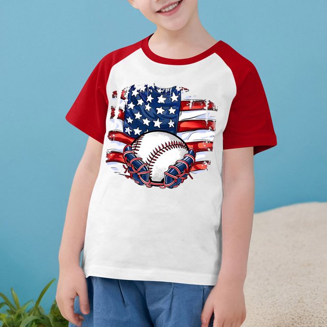 MKOSPLRT T-Shirt de Baseball Drapeau Américain Enfants 3-14 Ans Manches Courtes Raglan T-Shirts Col Rond T-Shirts Drapeau Américain Économies d'Été Liquidation