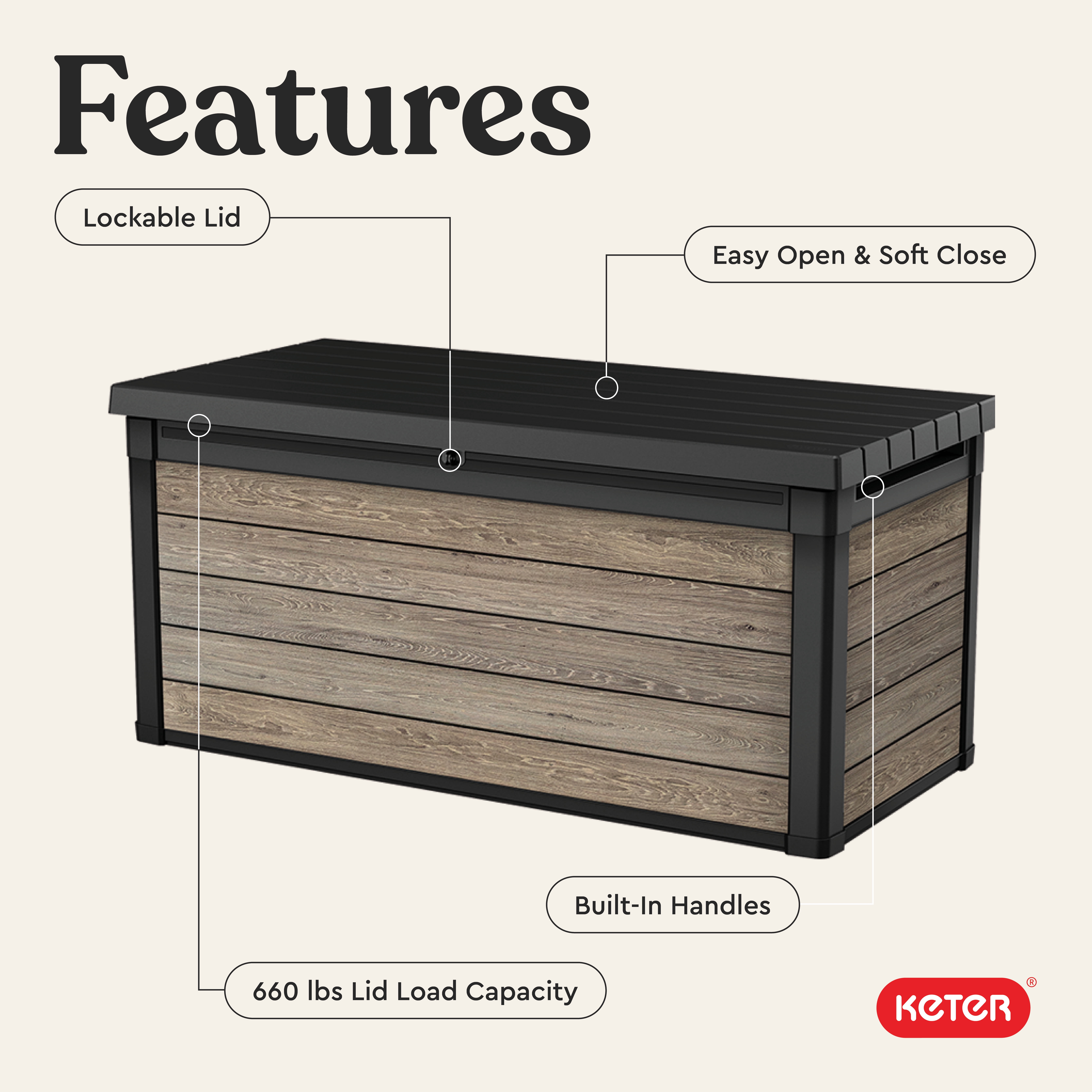 Keter Eastwood 150 Gallon Durable Resin Outdoor Deck Box Storage Organization, Ashwood