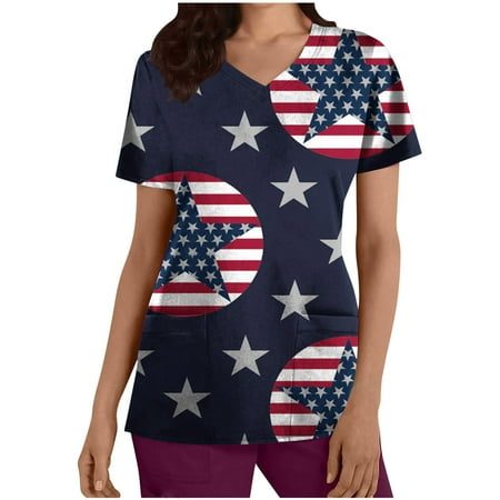 

OGLCCG Womens Stretch Scrubs Tops V Neck American Flag Stars Stripes Print Patriotic Shirt Breathable Comfy Nursing Scrubs with Pocket