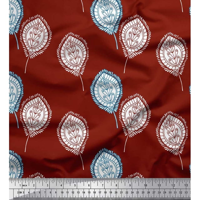 Soimoi Red polyester Crepe Fabric Artistic Leaves Print Fabric by the Yard 52 Inch Wide