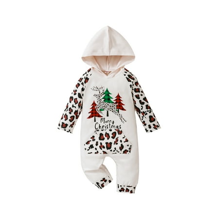 

SHIBAOZI Newborn Baby Boys Girls Christmas Hooded Romper Casual Long Sleeve Reindeer Letter Print Pocket Jumpsuit