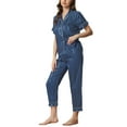 thumbnail image 4 of INSPIRE CHIC Women's Satin Button Down Short Sleeve Shirt with Long Pants 2 Pcs Pajama Set S Navy Blue, 4 of 5
