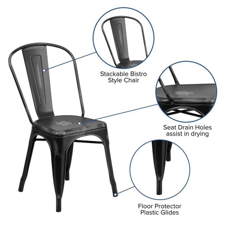 Flash Furniture Commercial Grade Distressed Black Metal Indoor Outdoor Stackable Chair