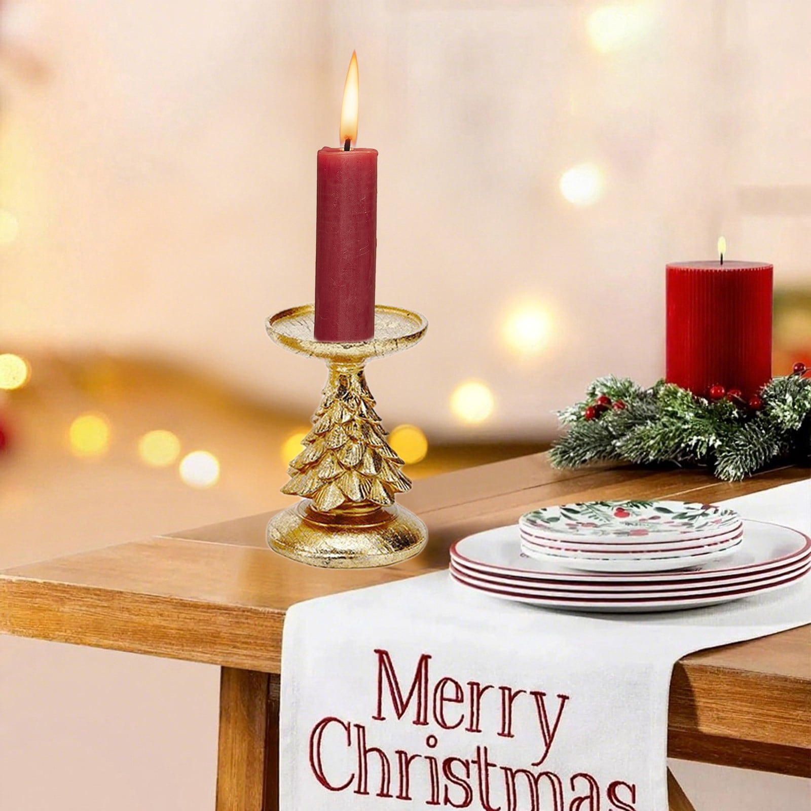 COM1950s Christmas Tree Candlestick Base,European Resin Tabletop Centerpiece,Handcrafted Wood Like Candle Holder for Festive Home Holiday Decor