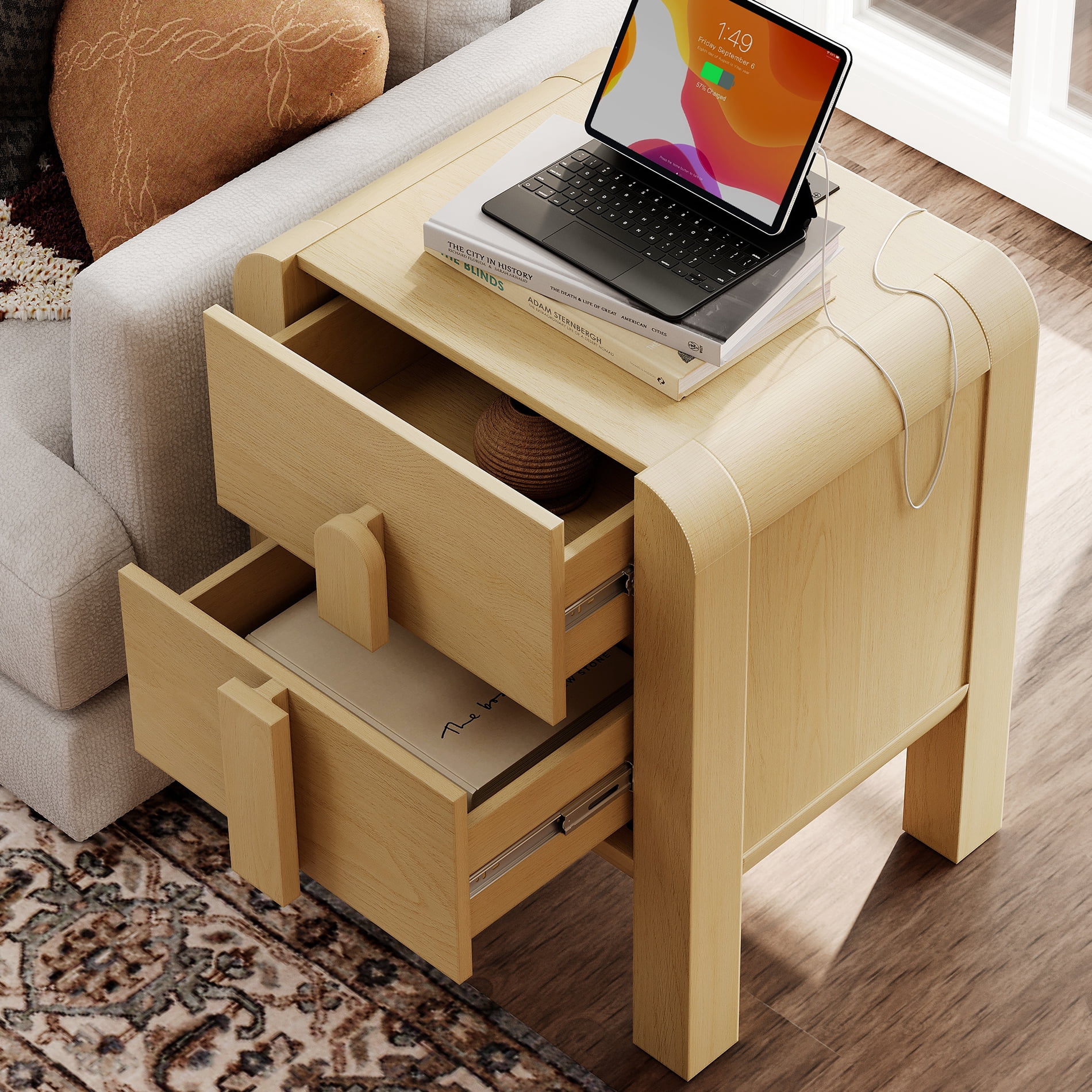 Mid-Century Modern Wood Nightstand with 2 Drawers ,Curved End Table with Built-In Charging Station for Bedroom, Living Room,Entryway