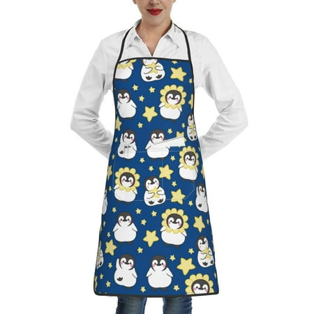 

Easygdp Star Penguin Apron Waterdrop Resistant with 2 Pockets Oil Resistant Cooking Kitchen Chef Apron for Women Men