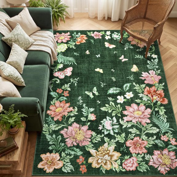 Washable Area Rug, Soft Pearl Velvet Carpet, Non Slip Low Pile, Stain Resistance, Machine Washable Foldable Rug, Floral Pattern Modern, for Living Room, Bedroom, Dining Room, Dark Green 5*7ft
