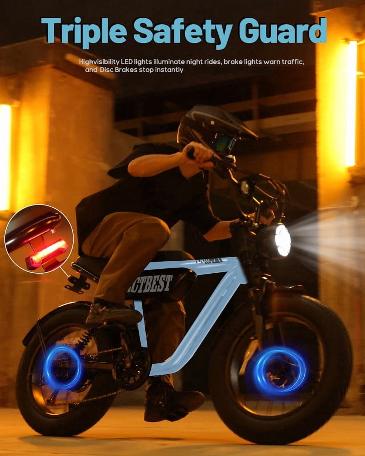 Actbest Blaze Electric Bike for Adults/Teens, 16" Fat Tire Ebike Peak 1200W 55 Miles 25Mph Full Suspension Electric Motorcycle, Blue & Brown with Lock