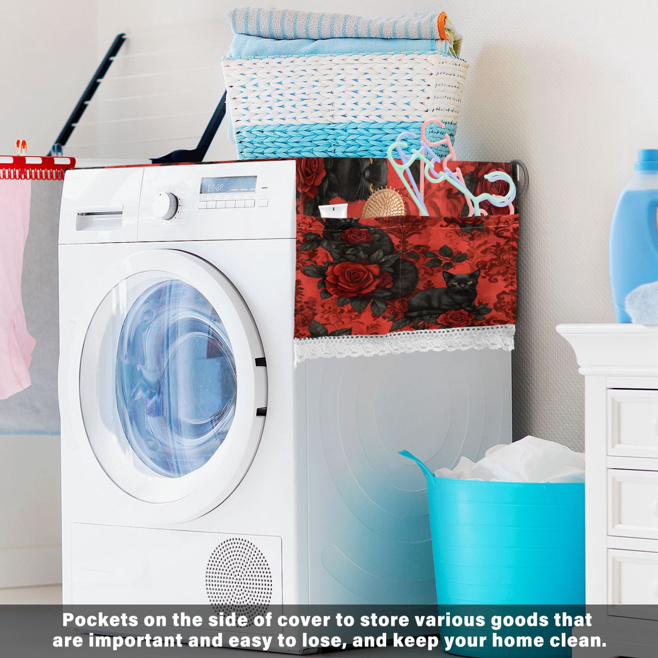 WOBOGO Gothic Roses Black Cats Pattern Washing Machine Cloth Dryer Refrigerator Top Cover Protective Non-Slip Mat For Kitchen Laundry