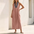 thumbnail image 4 of SAWOBUUN Womens Sleeveless Maxi Dress V Neck Contrast Collar Caftan Dress Casual Loose Fit Cotton Linen Long Sundress with Large Pockets, 4 of 5