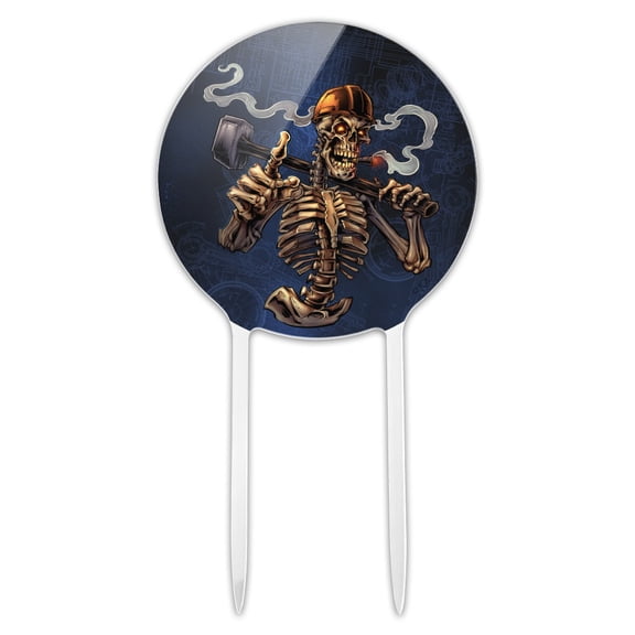 Acrylic Construction Worker Sledgehammer Smoking Skeleton Cake Topper Party Decoration for Wedding Anniversary Birthday Graduation