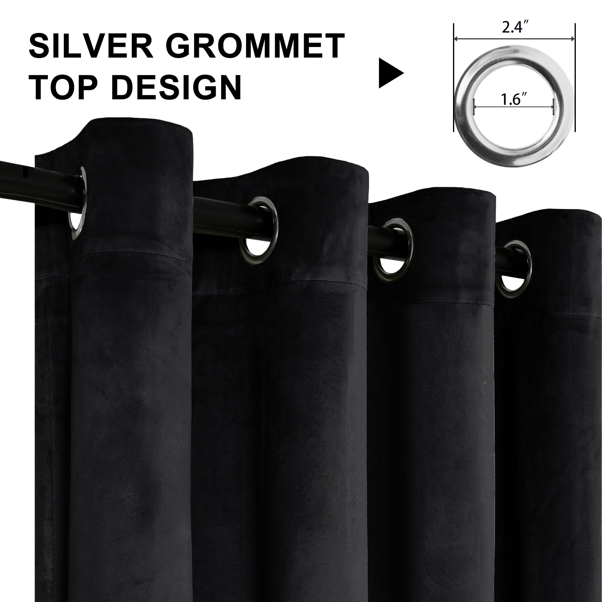 XWZO Velvet Blackout Curtains 108 Inches Long - Extra Long Room Darkening Thermal Insulating Grommet Window Curtain Drapes for Parlor/Gallery/Dining with Tiebacks, Black, W52 x L108, Set of 2