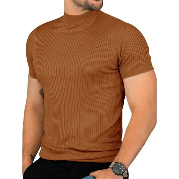 Men Short Sleeved Slim Funnel Neck Knit Pullover Tops