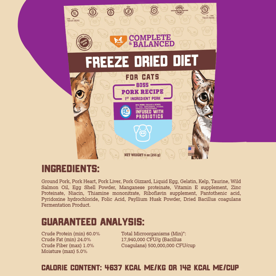 Boss Cat Freeze Dried Cat Food, Probiotic, Pork, 9oz