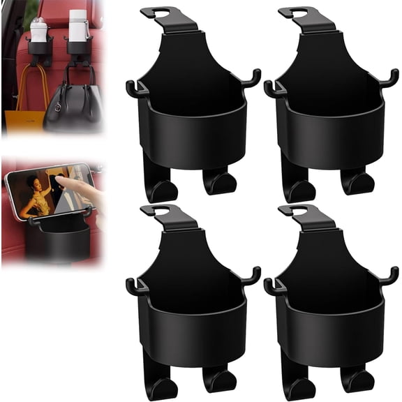 4Pcs Purse Hooks for Car, Multifunctional Car Purse Hooks for Car Seat Back, 3 in 1 Headrest Hooks for Car & Backseat Cup Holder for Bags, Umbrellas, Wallets, Coats, Mobile, Phone and Cups, Black