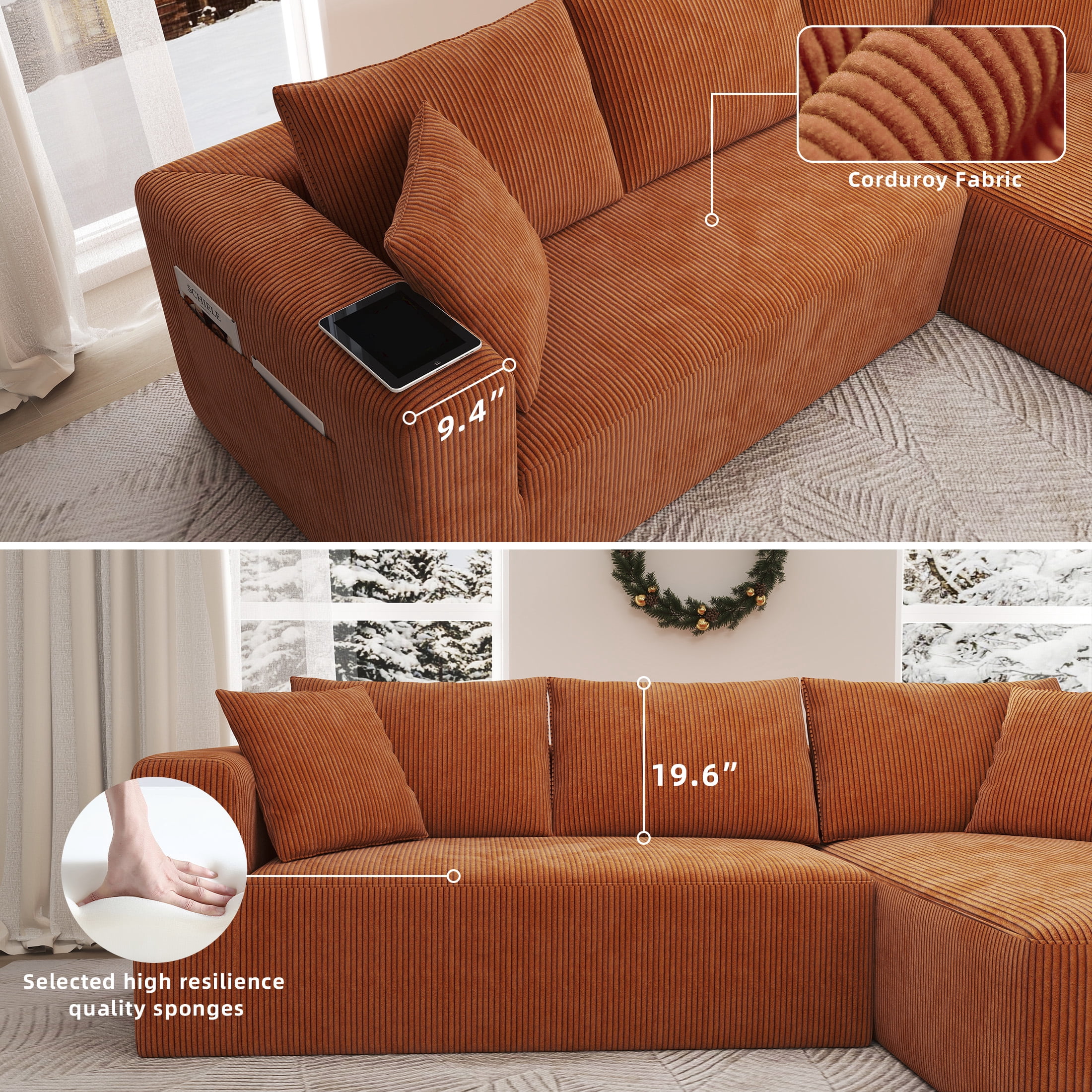 DEALTOPS 104'' Modular L-Shape Sectional Sofa with Chaise, Comfy Deep-Seat Cloud-Couch, Corduroy - Orange