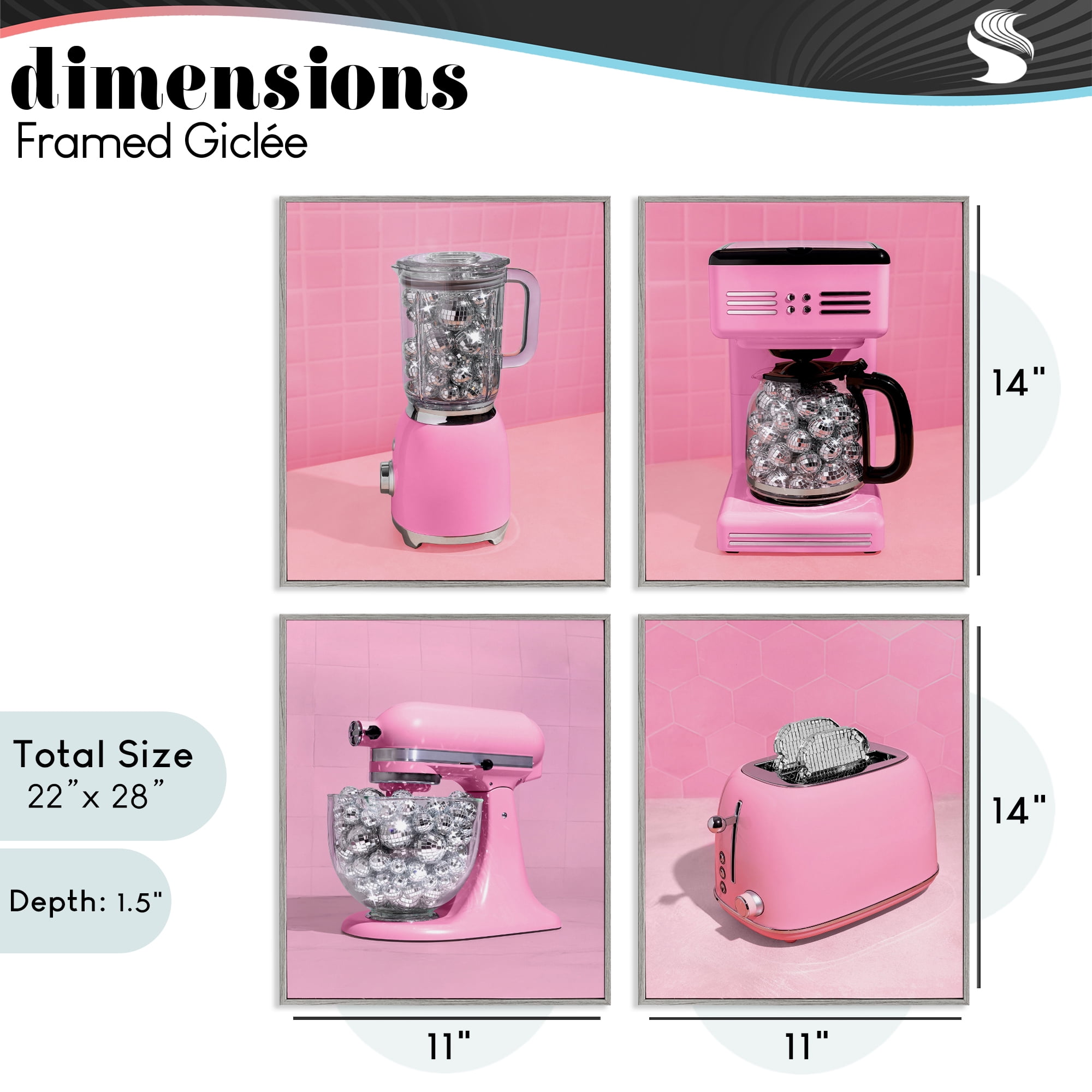 Stupell Industries Disco Drink Blender over Pink 4 Piece Gray Framed Giclee Art Set, design by LISH Creative