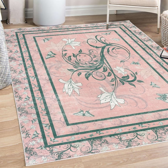 Spring Decorative Rug, Swirling Floral Look Design of Blossoming Flowers and Flying Butterflies, Quality Carpet for Bedroom Dorm and Living Room, 6 Sizes, Dark Teal and Rose, by Ambesonne
