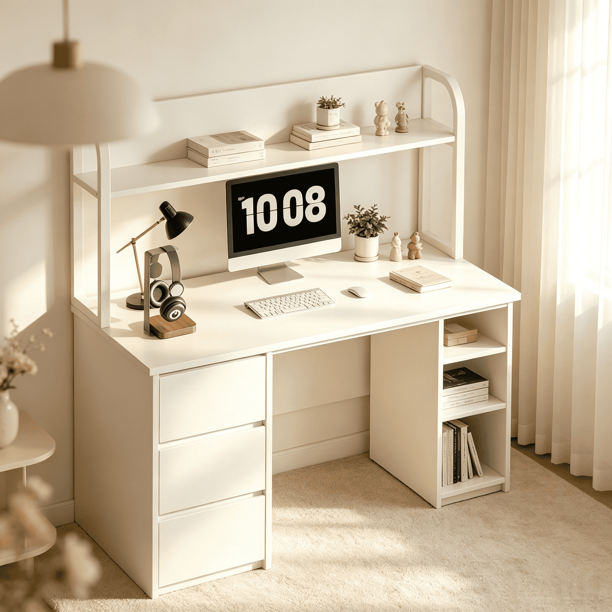 DreamCurship Computer Desk with Hutch, Home Office Desk with Drawers and Shelves, Wood Writing Study Desk, White