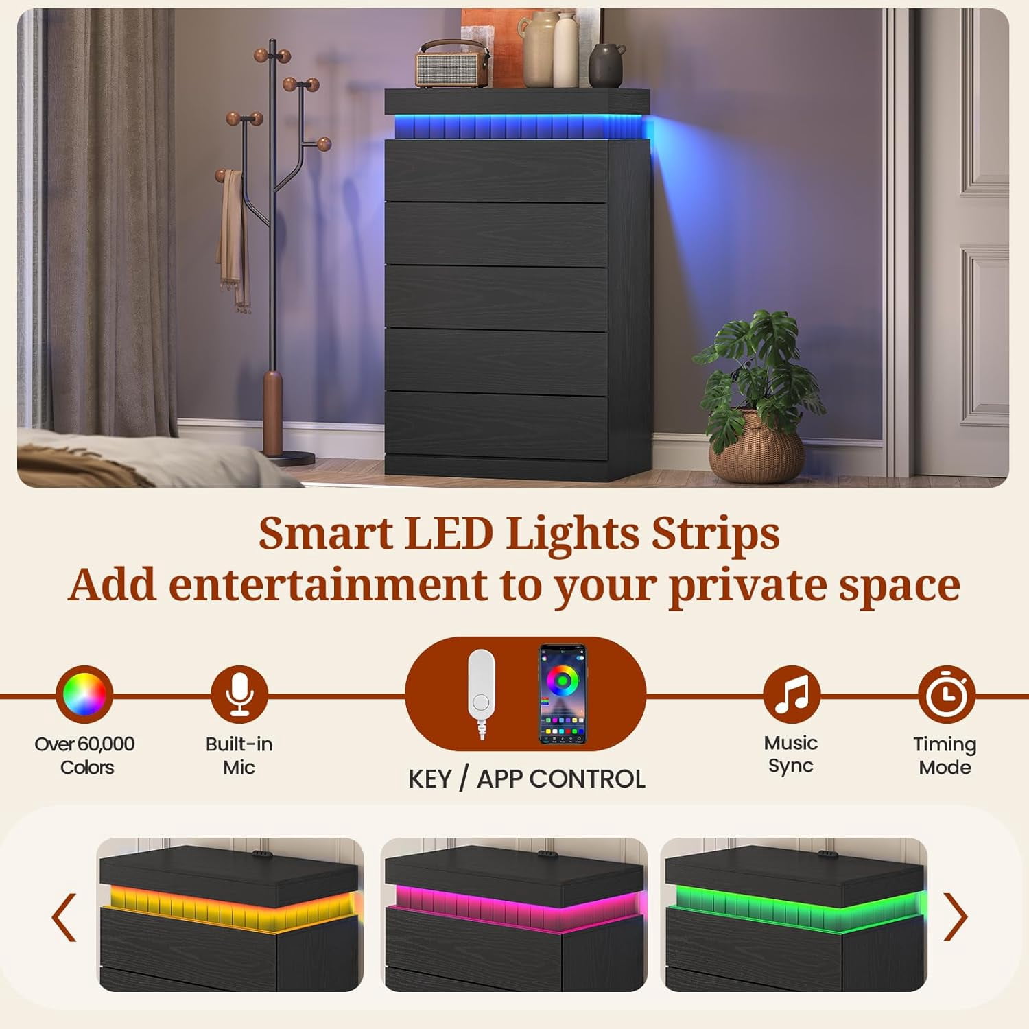 Weiplehoom Black 5 Drawer Dresser with Power Outlet & LED Lights, Modern Chest of Drawer Cabinet with Sliding Top, Floating Dressers for Bedroom, Living Room, Entryway, Hallway