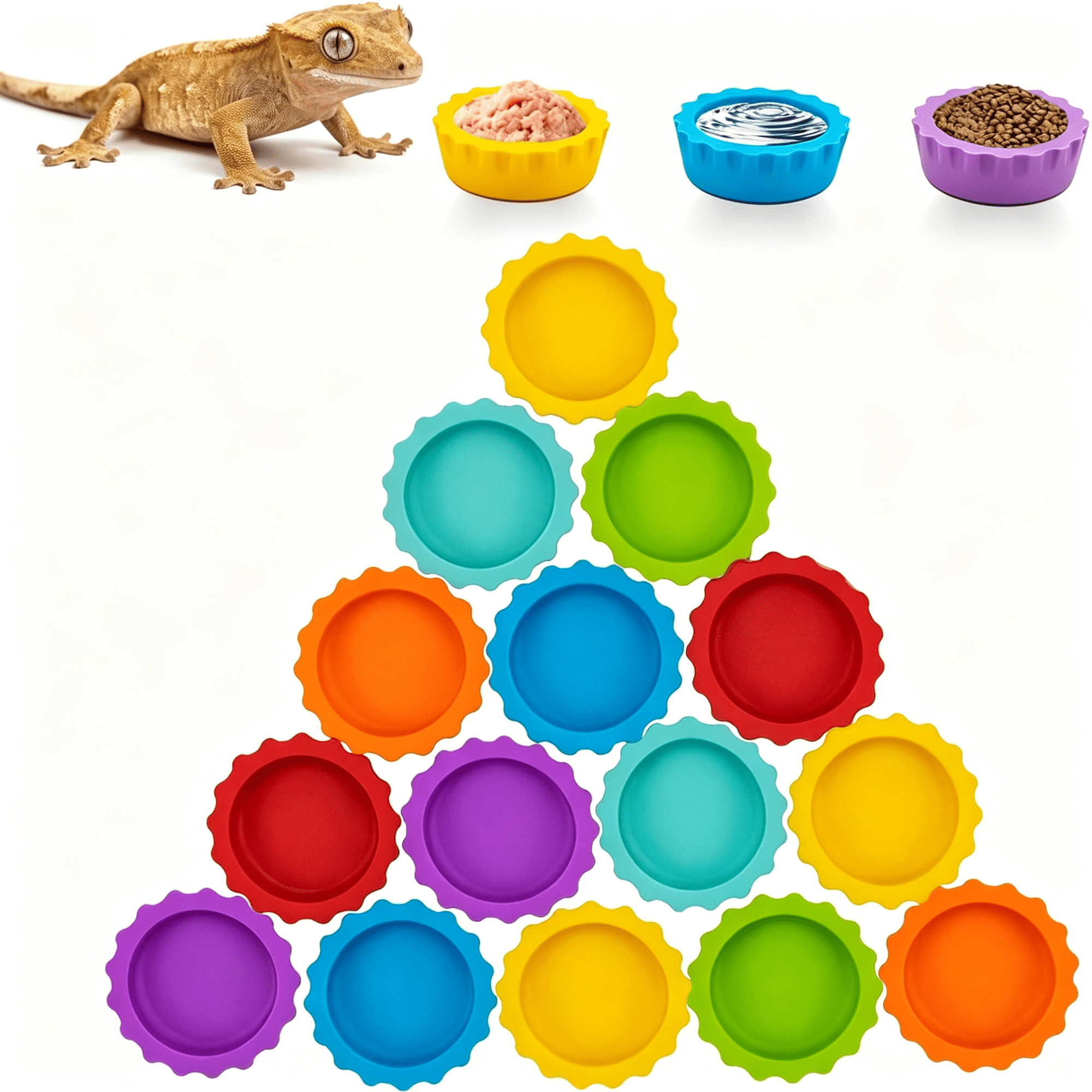 BPPEG 15 Pack Crested Gecko Food and Water Bowl,Reusable Small Reptile Feeding Dish,Gecko Tank Accessories for Hermit Crab,Isopods,Snails and Lizard,Silicone Easy Clean&7 Colors