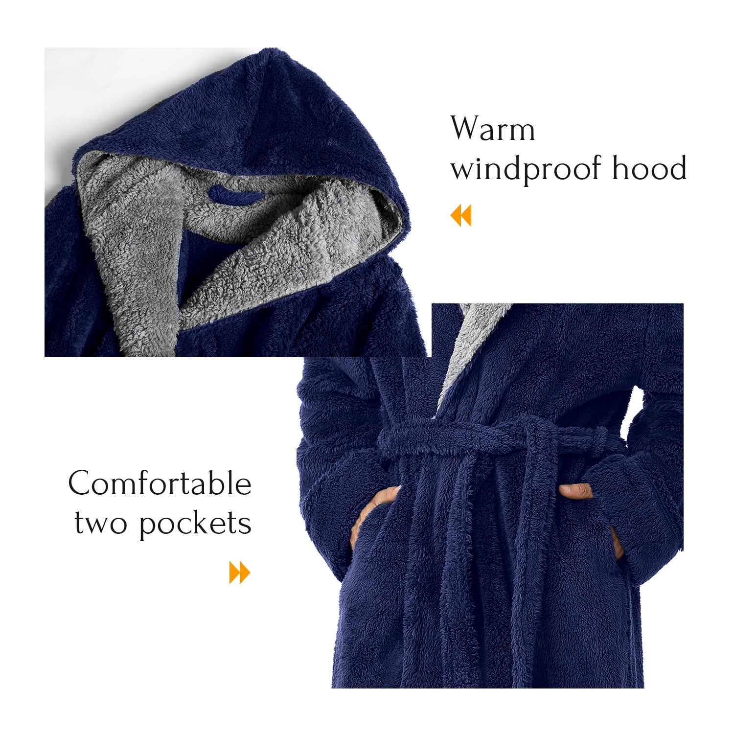 AMITOFO Long Robes for Men with Hood Pockets Soft Plush Full Length Hooded Bathrobe Winter Warm Fleece Sleepwear Shawl Collar Housecoat Size M XXL