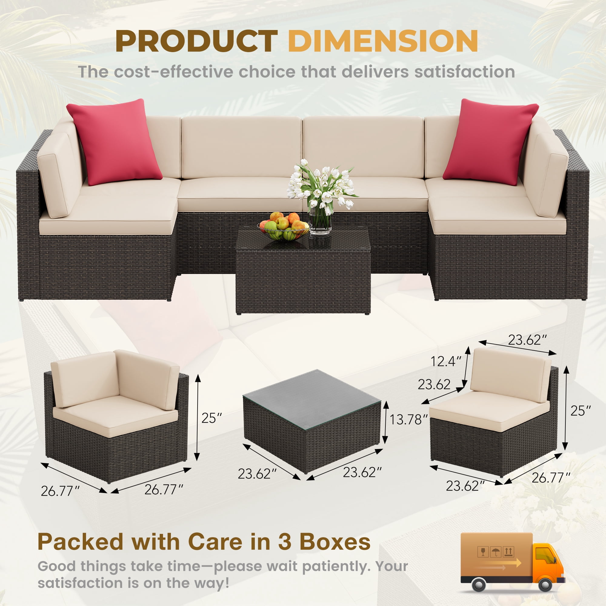 Lacoo 7 PCS Patio Outdoor Furniture Wicker Sectional Sofa with Cushion, Beige