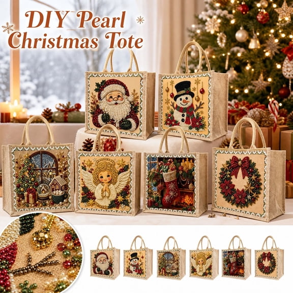 Christmas Pearl Diamond Art Handbag with 5D Santa Claus Design, Reusable Canvas Tote Bag for Women Holiday Crafting, Christmas Gift Bags for Party Favors 1 Pack