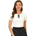 thumbnail image 1 of Top de blusa con decoración de lazo elástico de manga corta con cuello plano para mujer blanco M, 1 of 6