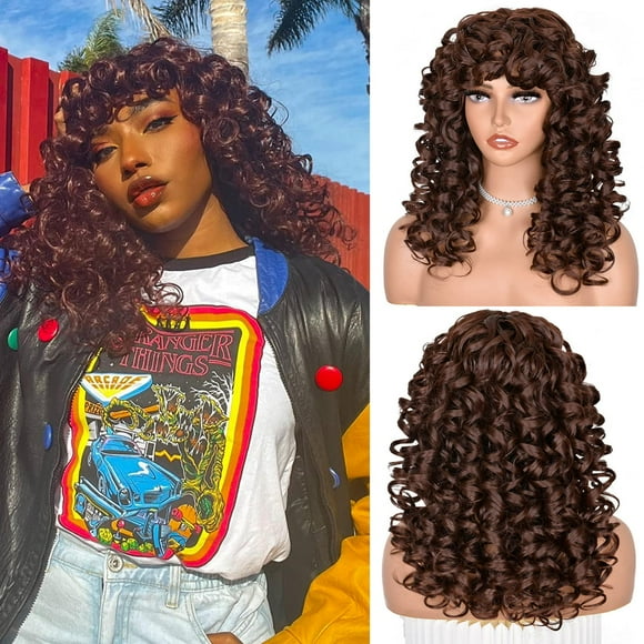 ANNISOUL Brown curly Wigs for Black Women Long curly Afro Wig with Bangs for Women Big Bouncy Fluffy Synthetic Fiber glueless Hair for cosplay and Daily