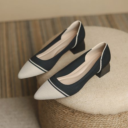 

Women‘s Chunky Heels Shoes Knit Detail Point Toe Court Pumps