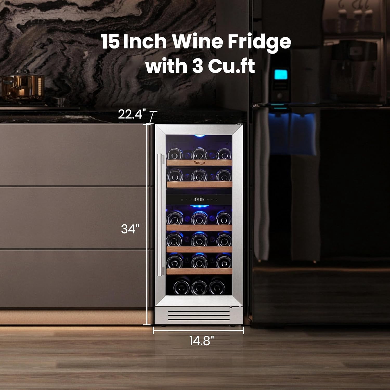 Yeego 15 Inch Dual Zone Wine Fridge Cooler, Holds 28 Bottles, 40-65°F Wine Refrigerator with Glass Door, Built-in and Freestanding Under Counter